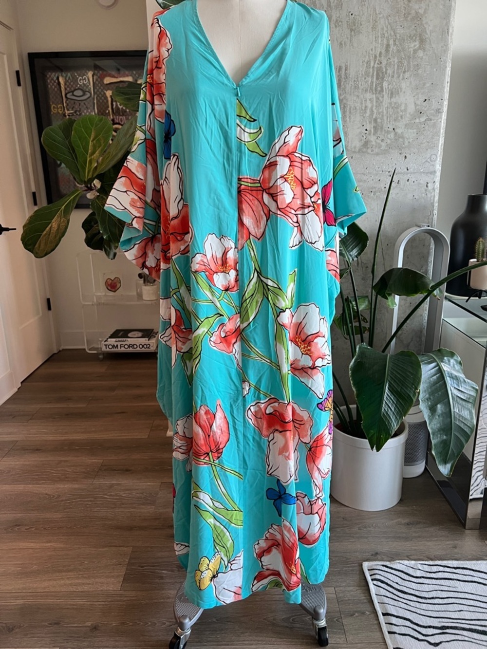 Natori Turquoise Nightgown with Pink & Coral Floral Print